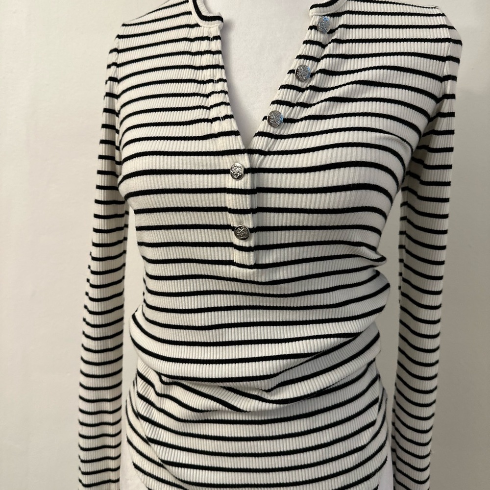 White House Black Market Black and White Striped Button Down Shirt